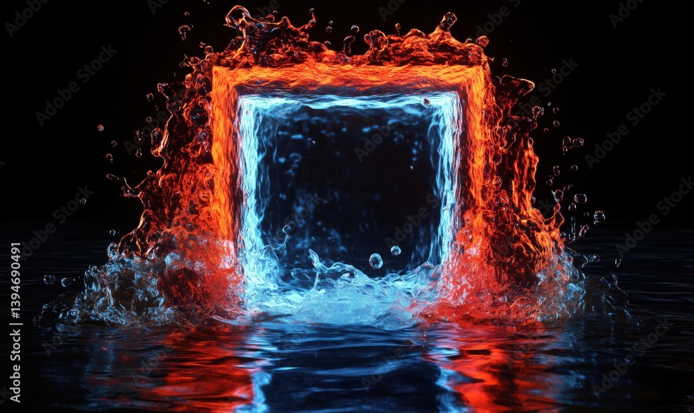 Poster vibrant water splash creating glowing cube shape with red and blue illumination
