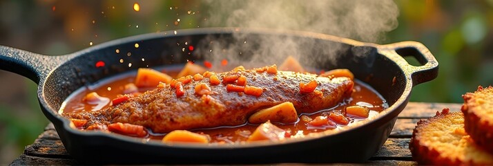 Fototapeta premium Grilled fish fillet with vegetables and sauce in cast iron skillet outdoors