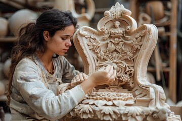 A woman is working on a wooden chair, carving it with a knife