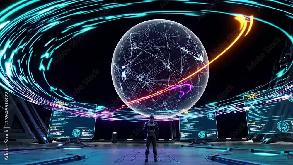 Poster space exploration journey through advanced technology and cosmic interactions in a futuristic settin