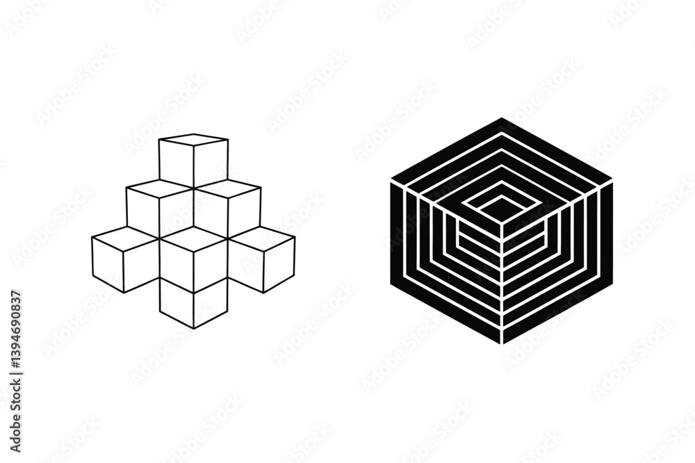 Poster cube structure and geometric shapes illustration isolated on white background