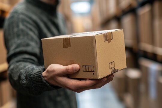 A person is holding a cardboard box in a warehouse filled with stacks of similar packages, emphasizing details of a minimum purchase order