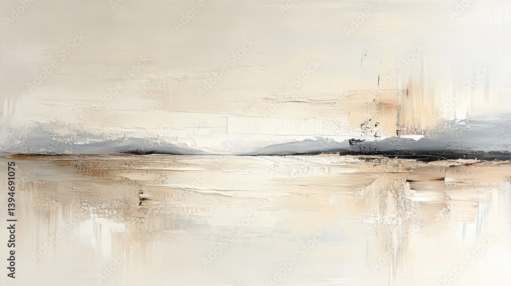 Poster this artwork features a neutral beige and white color palette, creating an abstract landscape with s