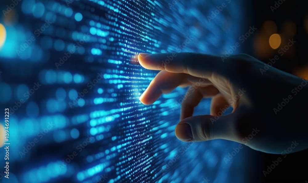 Poster digital interaction with glowing data stream showcasing technology and innovation