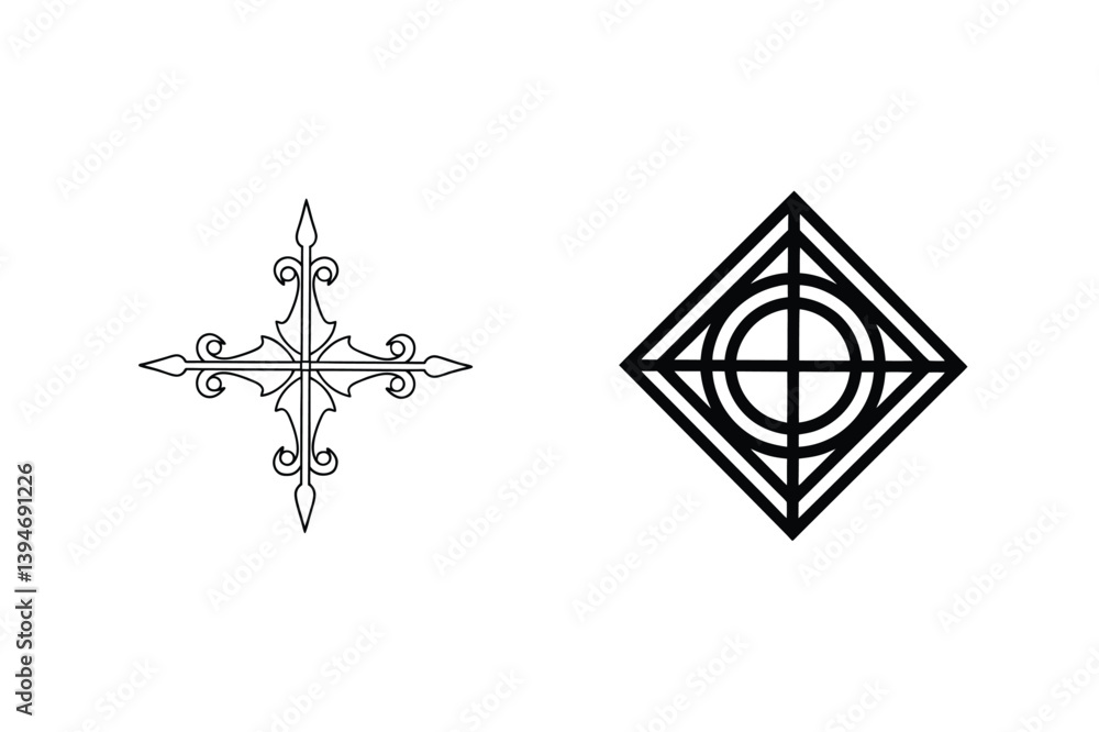 Poster intricate geometric vector icons with ornamental cross and target symbol