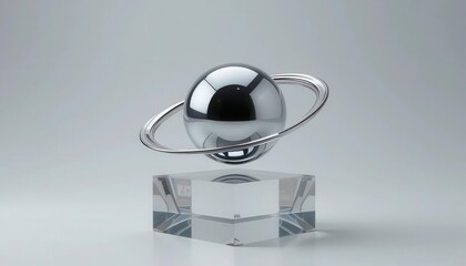 A sleek, metallic planet model with rings, elegantly displayed on a glass pedestal, blending art and science in a modern design.