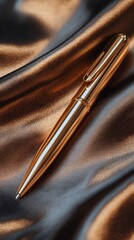 Golden pen and elegant notebook on silk cloth, minimal premium style