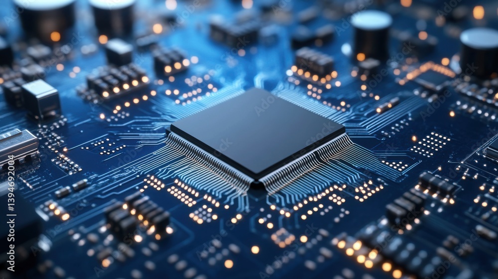 Poster high-quality close-up of electronic circuit board with microchip and integrated components