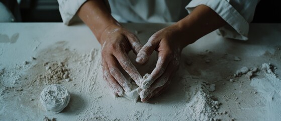 A baker’s hands skillfully mold dough amid a flurry of flour, capturing the art of traditional baking in a serene workspace.