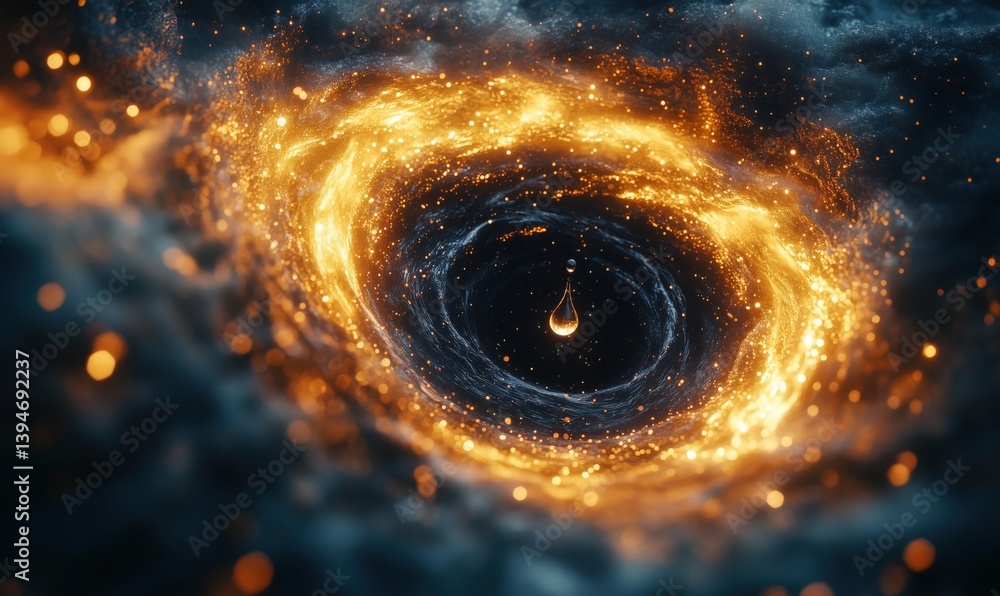 Poster cosmic vortex with glowing particles and a central droplet in deep space