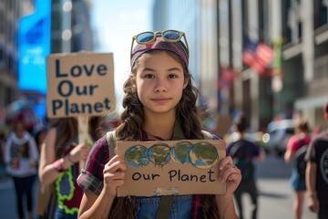 A girl holding a sign that says "Love Our Planet"