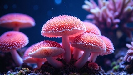 Obraz premium Glowing pink mushrooms underwater, vibrant aquatic scene, nature fantasy