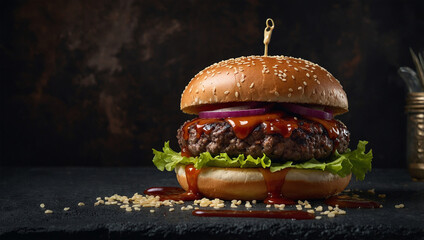 Double-layered beef burger with BBQ sauce dripping, sesame bun, moody background with textured wall