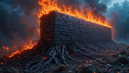 A fiery structure with flames engulfing its top and roots emerging from the ground, set against a dramatic, smoky backdrop.