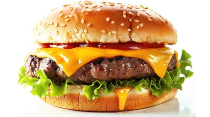 A photograph of an American cheeseburger, with a juicy beef patty, melted cheddar cheese oozing down the sides, and fresh lettuce under ripe tomato slices