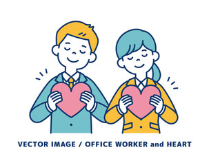 目を閉じてハートを抱く、若い男女の会社員のベクターイラスト素材＿線の編集可能