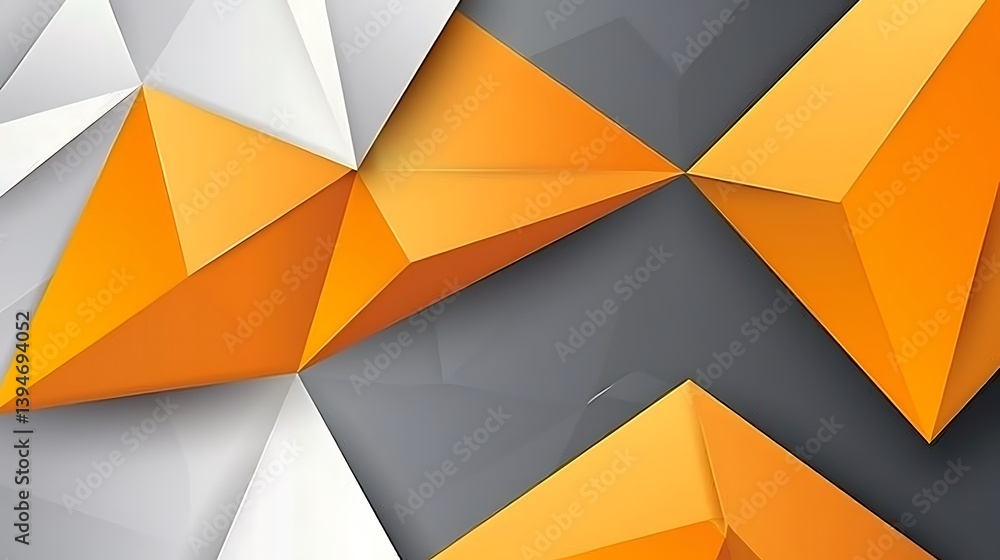 Poster a dynamic geometric pattern of overlapping orange and white triangles.