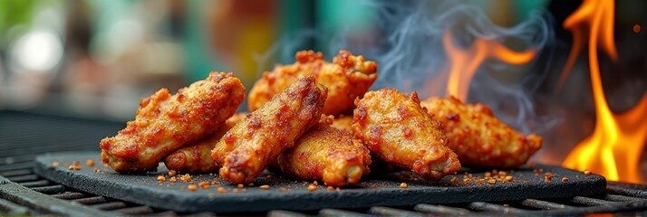 Grilled spicy chicken wings on outdoor bbq grill with flames and smoky flavor