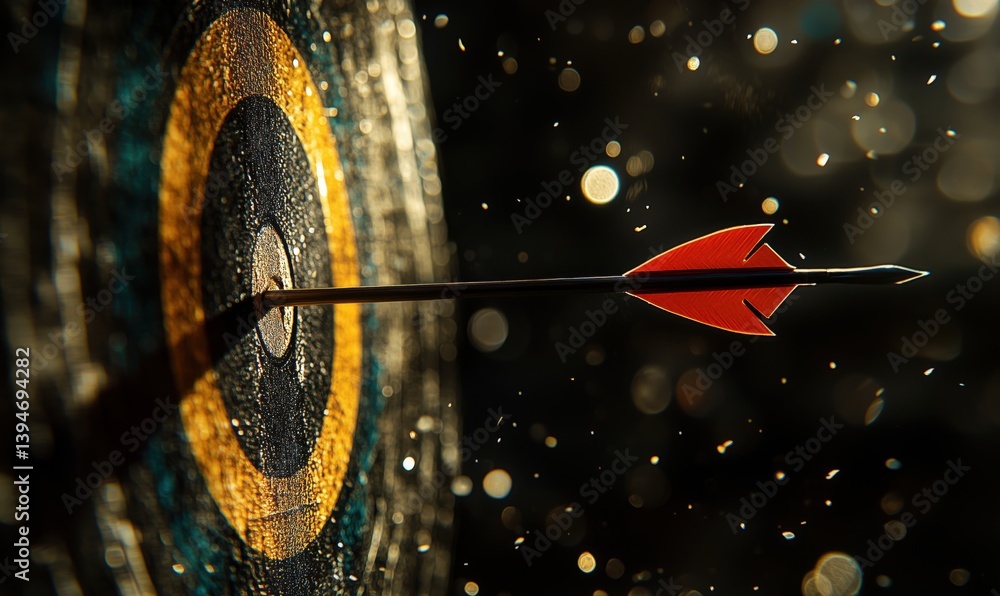 Poster arrow hitting target with precision in dramatic lighting and bokeh effect