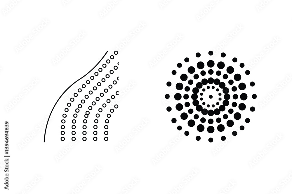 Poster abstract vector design with concentric circles and linear dot pattern in black and white
