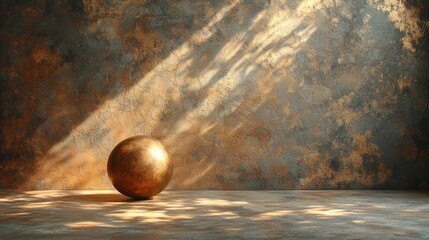 Golden sphere on textured wall, sunlit shadows