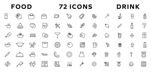 Food and drink icon collection set. Thin outline icons. Meat, milk, noodle, soup, bread, egg, cake, sweets, fruits, vegetables, drinks, nutrition, pizza, fish, sauce, cheese icon