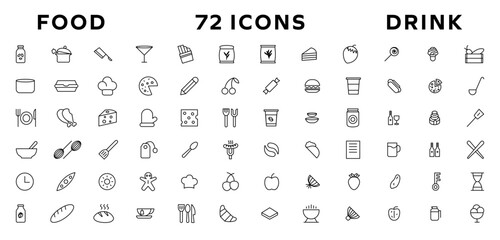 Food and drink icon collection set. Thin outline icons. Meat, milk, noodle, soup, bread, egg, cake, sweets, fruits, vegetables, drinks, nutrition, pizza, fish, sauce, cheese icon