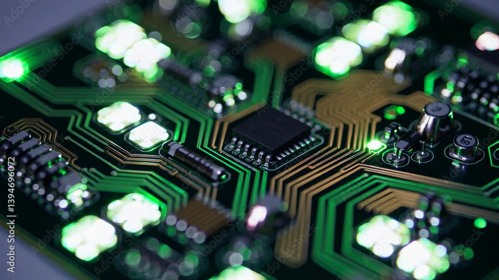 Aufkleber Close up view of a circuit board with green lights illuminating intricate pathways and components in a tech workshop