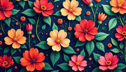 Bold blossoming tapestry pattern, vibrant hues, woven, floral