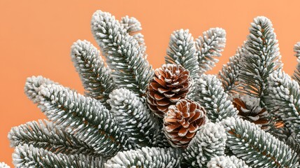 Snow Covered Pine Branches with Pine Cones Winter Holiday Decoration