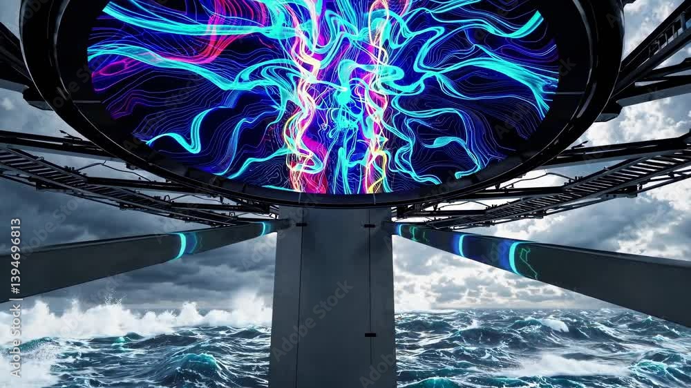 Poster Creative digital display illuminates stormy ocean scene at innovative marine structure in rough weather