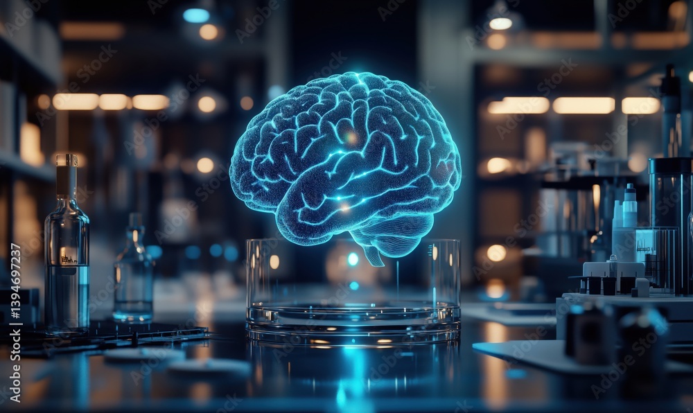 Poster 3d holographic brain model in laboratory setting showcasing advanced neuroscience technology