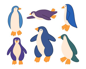 Vector isolated illustration of a set of penguins on a white background.