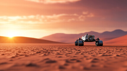 Fototapeta premium Martian Rover at Sunset - A robotic rover explores a Martian landscape during a breathtaking sunset. The red sand and distant mountains create a dramatic scene