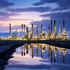 Naklejka premium Oil Refinery at Twilight with Reflections
