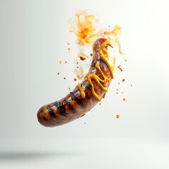a hyper-detailed 3D rendering of a flying grilled sausage, with charred skin,