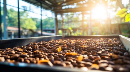Fototapeta premium ripe cocoa pods and cocoa nibs with cocoa beans in the background, highlighting the raw materials for chocolate production.