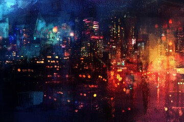 Fototapeta premium Night Cityscape Impression - Vibrant painting of a city at night, showcasing colorful lights and buildings with an impressionistic