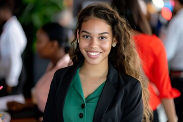 Obraz premium A woman in a green blouse and black jacket smiles for the camera