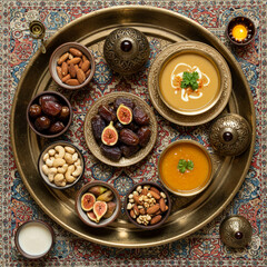 Fototapeta premium High-Angle Shot of a Traditional Iftar Meal with Dates, Soup, and Decorative Tray