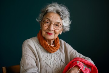 A woman with glasses and a scarf is sitting in a chair