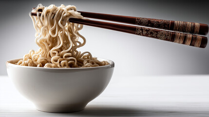 Noodles with Chopsticks in White Ceramic Bowl