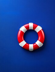 Red and White Lifebuoy on Blue Background - A red and white lifebuoy against a deep blue background symbolizes safety, rescue, hope, survival, and maritime