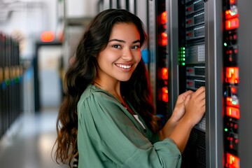 A woman is smiling and standing in front of a computer server
