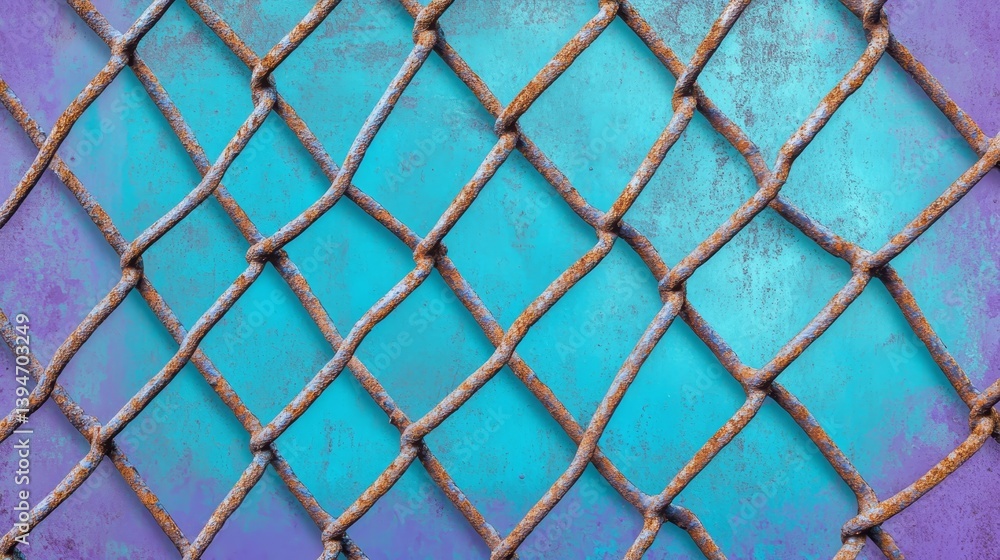 Poster rusty chain link fence on teal and purple background - close-up of a rusty chain link fence against 