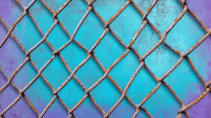 Fototapeta premium Rusty Chain Link Fence on Teal and Purple Background - Close-up of a rusty chain link fence against a vibrant teal and purple gradient background. Texture and detail are prominent