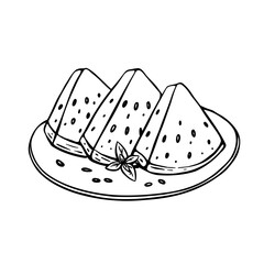 Watermelon slices vector clipart in doodle style. Healthy food, juicy dessert on a plate black and white line art. Sketchy element for postcards, banners, flyers, printing design.