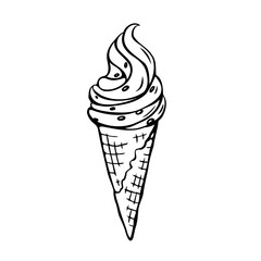 Ice cream in a waffle cone, vector illustration on white background. Outline drawing of a sweet frozen dessert with chocolate chips on a top. Sketchy clipart in doodle line art style for design. 