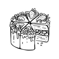 Cream layer cake with whipped cream and fresh strawberries, black and white vector illustration. Outline drawing of a sweet dessert in doodle style on white background. Sketchy clipart for design.