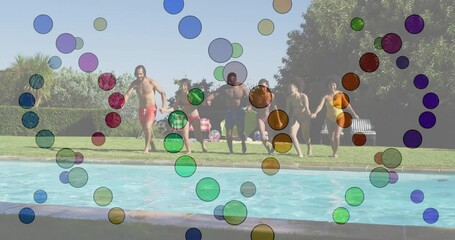 Group of friends jumping into pool with colorful bubble animation overlay - Powered by Adobe